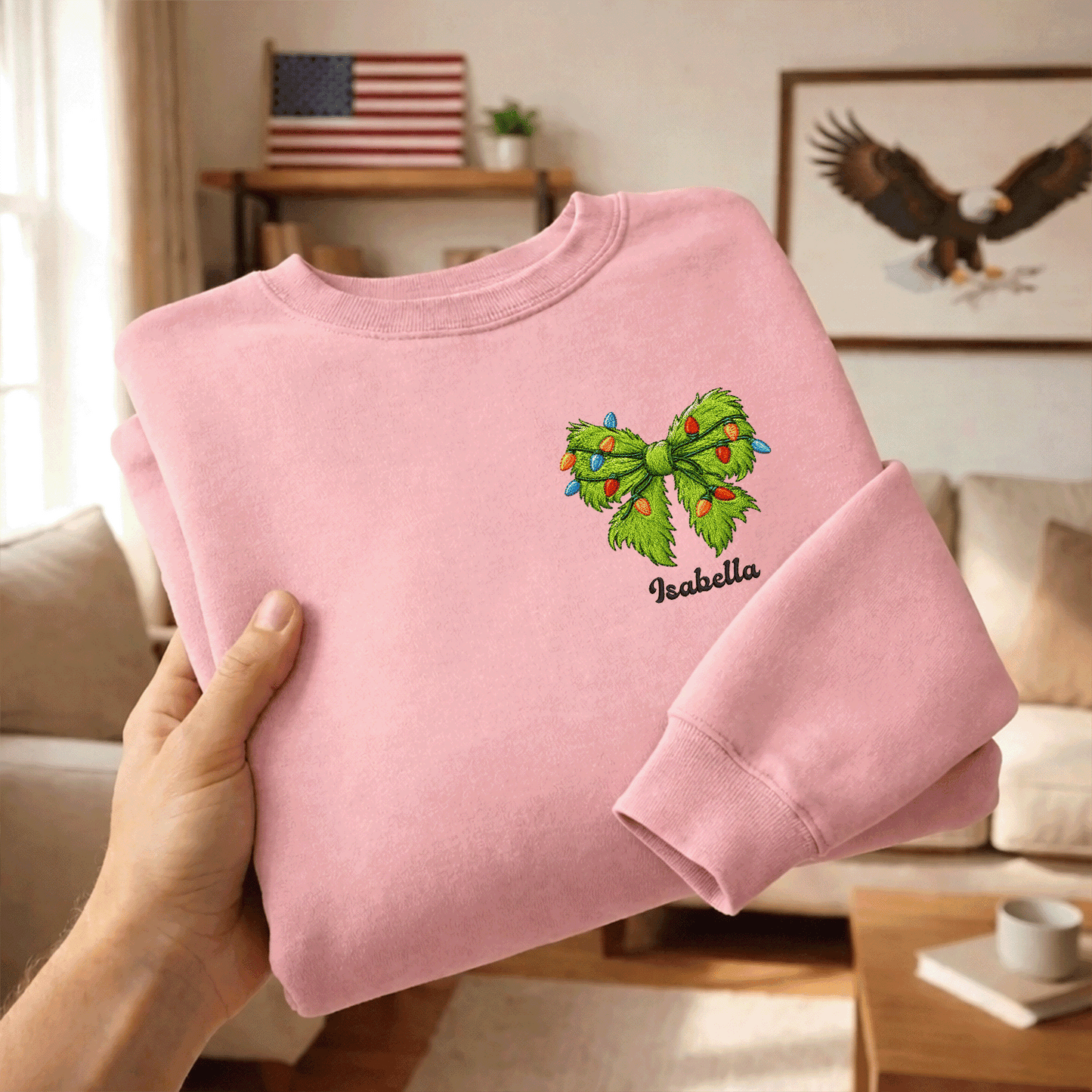 Personalized Christmas Bow Embroidered Sweatshirt, Custom Name Holiday Crewneck, Cute Christmas Sweatshirt Gift for Women, Kids & Family