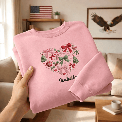 Personalized Embroidered Christmas Heart Wreath Sweatshirt with Custom Name