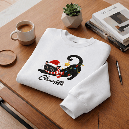 Personalized Embroidered Christmas Black Cat Sweatshirt with Custom Name