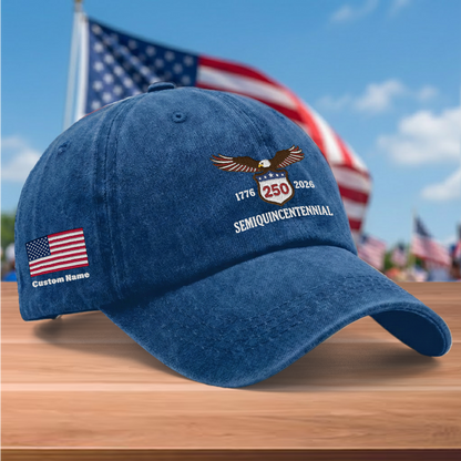 USA 250th Semiquincentennial 1776-2026 Eagle Embroidered Washed Denim Baseball Cap – Custom Name Patriotic Anniversary Hat