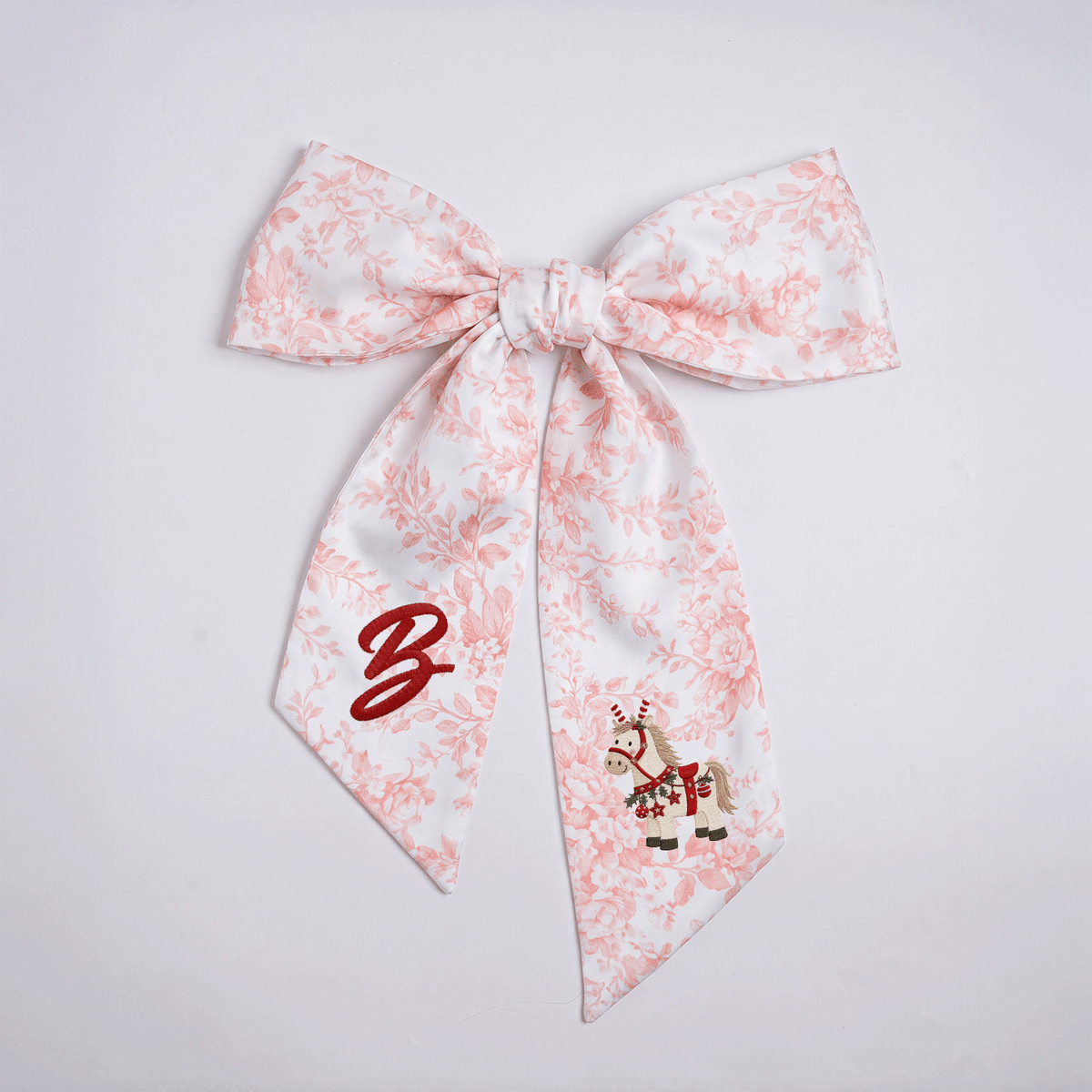 Custom Letter Christmas Rocking Horse Embroidered Linen Wreath Sash, Personalized Monogram Holiday Bow Sash for Door Decor