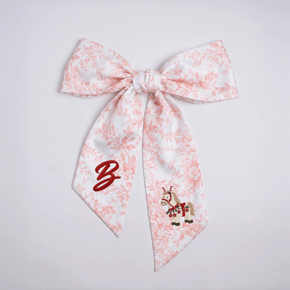 Custom Letter Christmas Rocking Horse Embroidered Linen Wreath Sash, Personalized Monogram Holiday Bow Sash for Door Decor