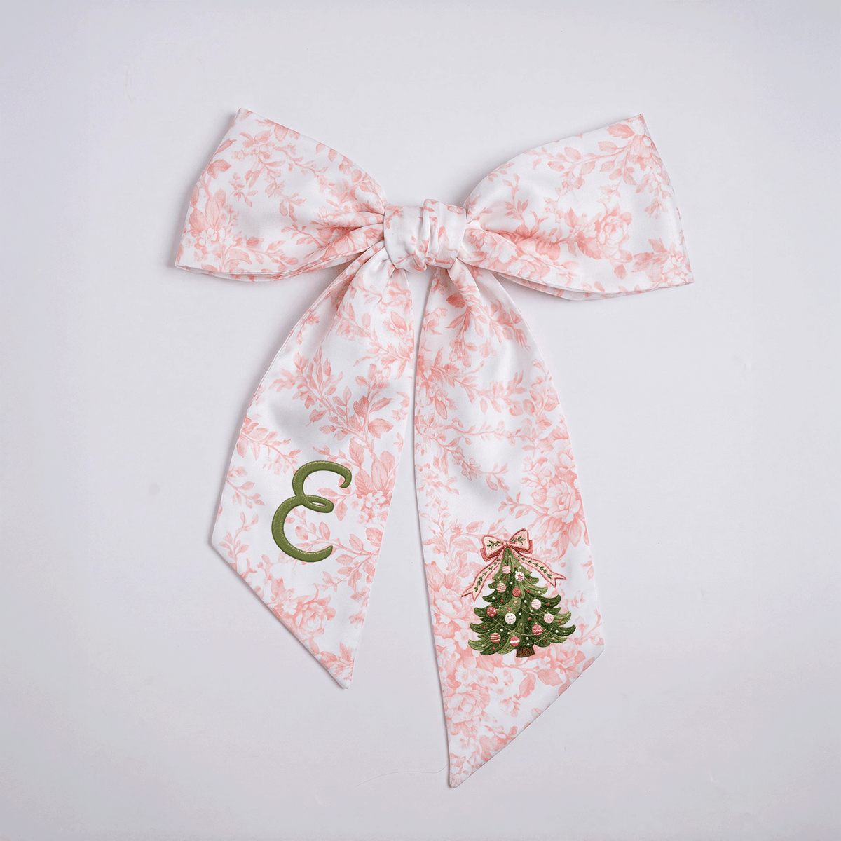 Custom Monogram Christmas Tree Embroidered Linen Door Wreath Sash, Personalized Initial Pink Bow Pine Tree Holiday Wreath Sash & Front Door Decor
