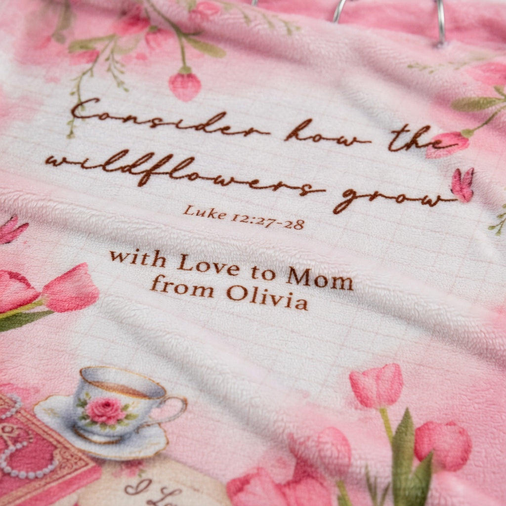 Personalized Christian Sherpa Blanket with Bible Verse – Floral Patchwork Faith Gift for Mom Daughter