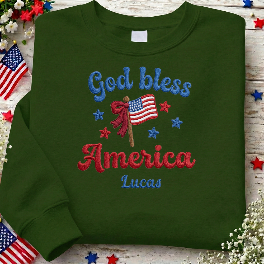 God Bless America - Patriotic USA Flag Sweater Design | Independence Day Embroidered Sweatshirt Graphic