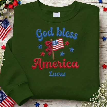 God Bless America - Patriotic USA Flag Sweater Design | Independence Day Embroidered Sweatshirt Graphic