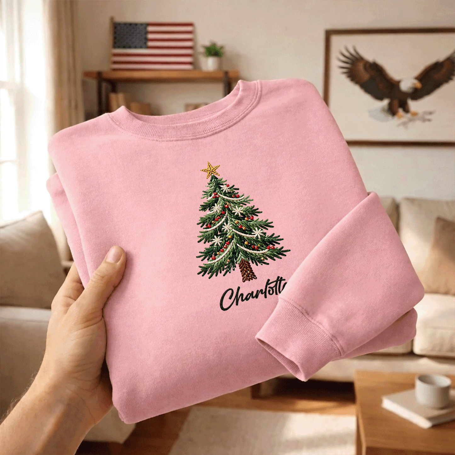 Personalized Embroidered Classic Christmas Tree Sweatshirt with Custom Name