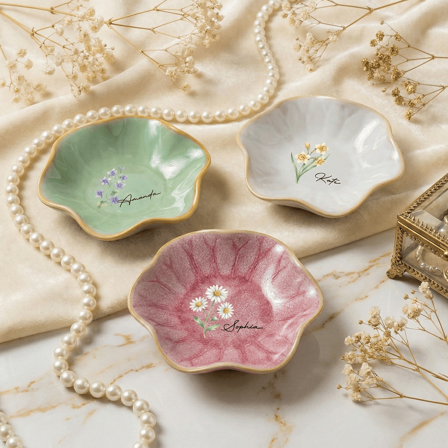 Personalized Birth Month Flower Jewelry Dish - Custom Name Trinket Dish, Mother’s Day Gift for Her