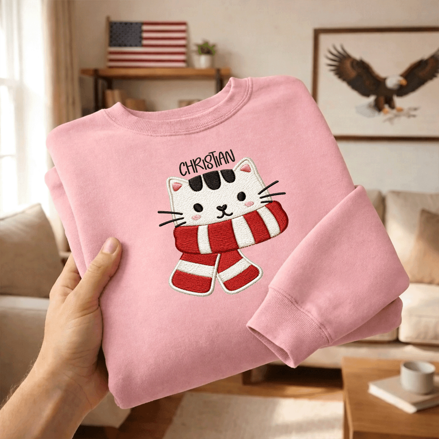 Personalized Embroidered Christmas Scarf Cat Sweatshirt with Custom Name
