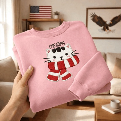 Personalized Embroidered Christmas Scarf Cat Sweatshirt with Custom Name