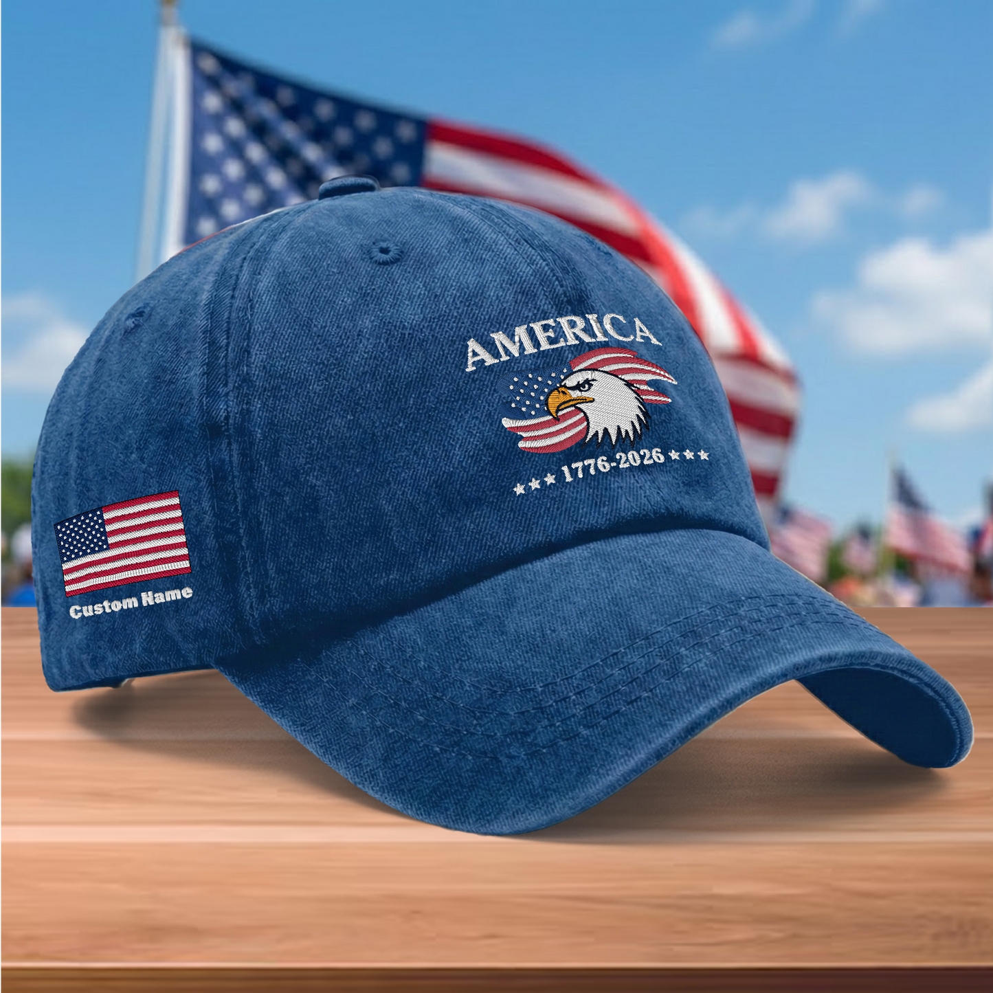 America 250 Years 1776-2026 Eagle Embroidered Washed Denim Baseball Cap – Custom Name Patriotic USA Anniversary Hat