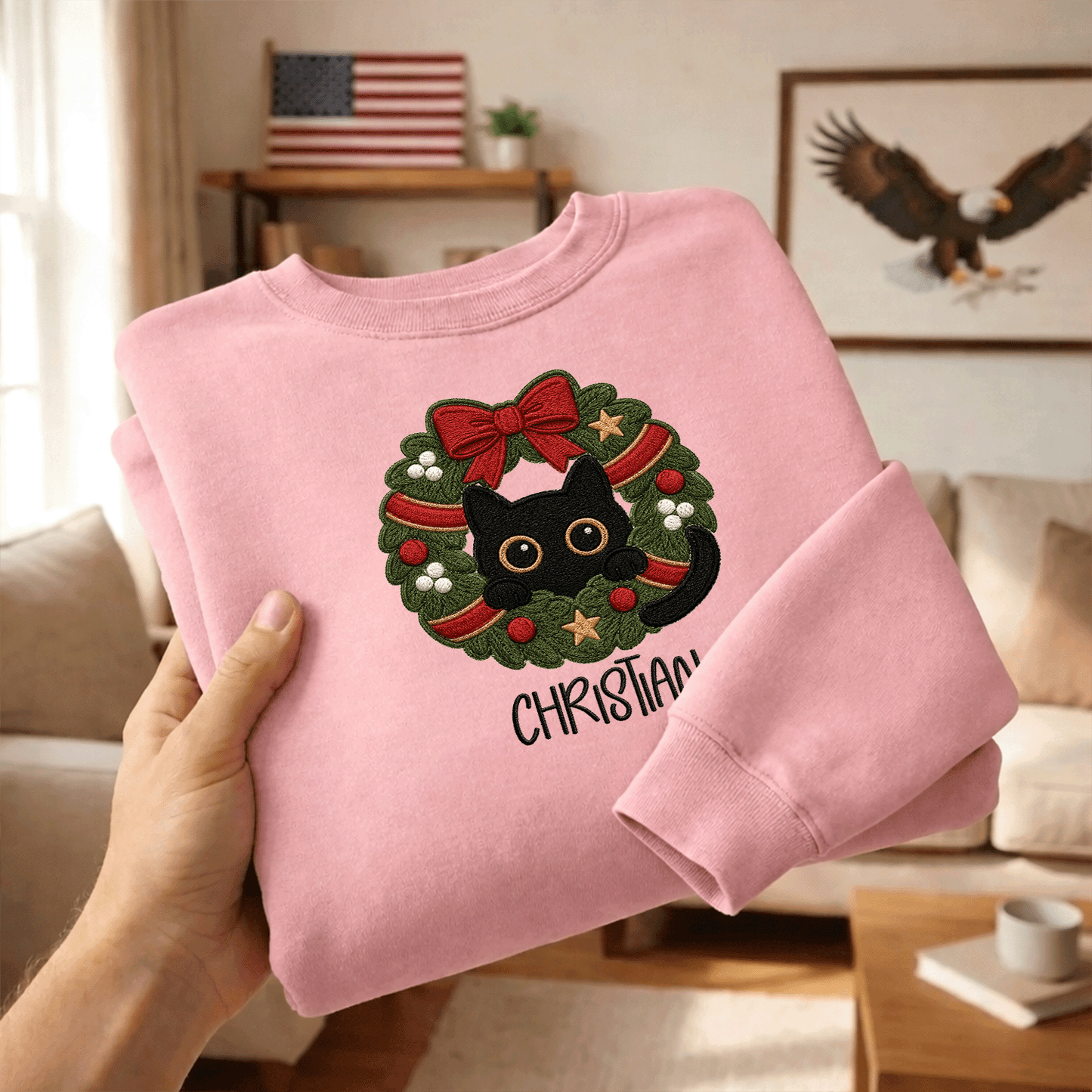Personalized Embroidered Black Cat Christmas Wreath Sweatshirt with Custom Name