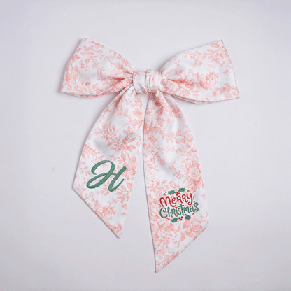 Custom Letter Merry Christmas Embroidered Linen Wreath Sash, Personalized Monogram Holiday Bow Sash for Door Decor