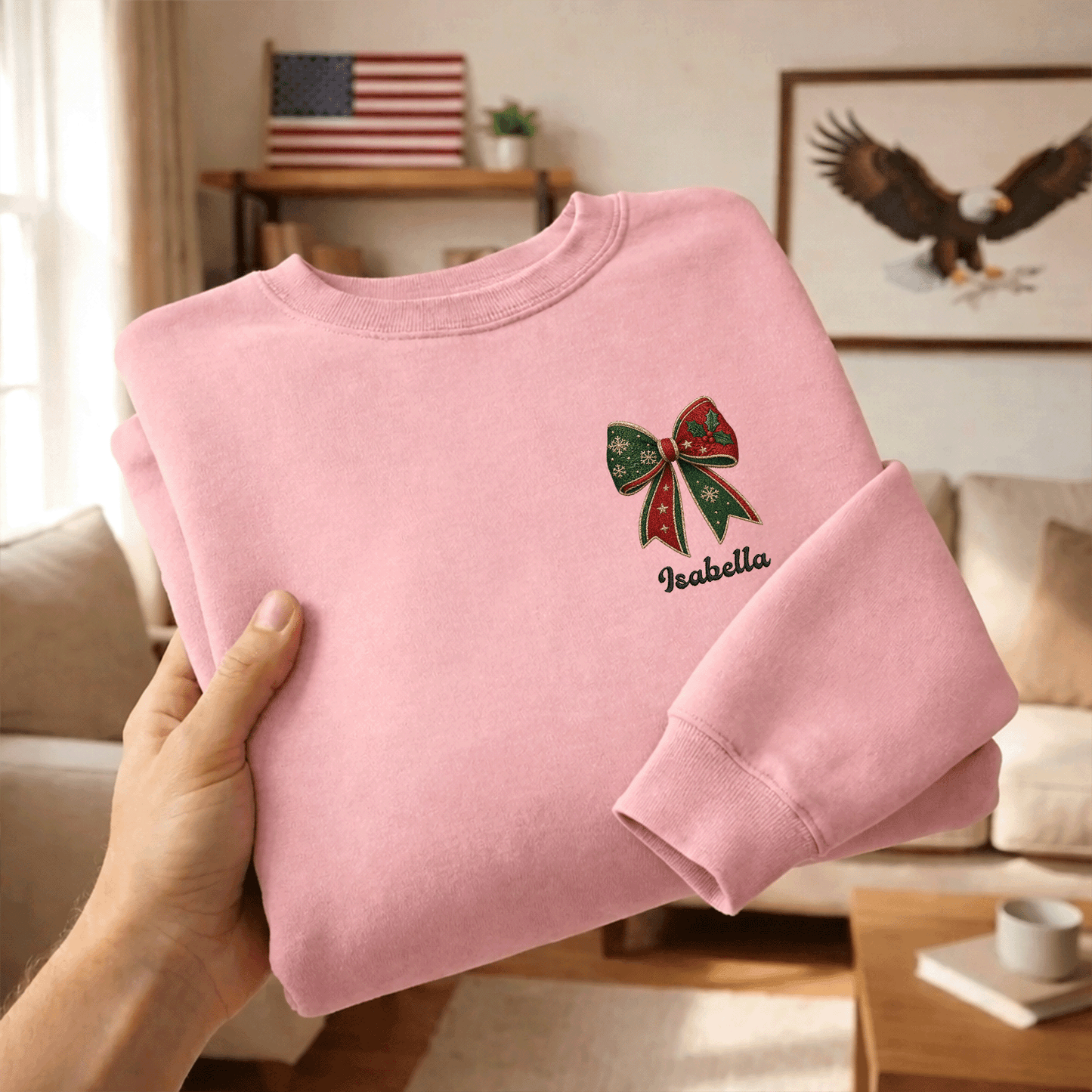 Personalized Christmas Bow Embroidered Sweatshirt | Custom Name Holiday Ribbon Crewneck Gift