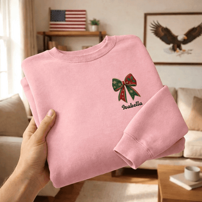 Personalized Christmas Bow Embroidered Sweatshirt | Custom Name Holiday Ribbon Crewneck Gift