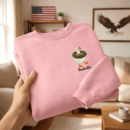 Personalized Embroidered Goose with Christmas Wreath Sweatshirt with Custom Name