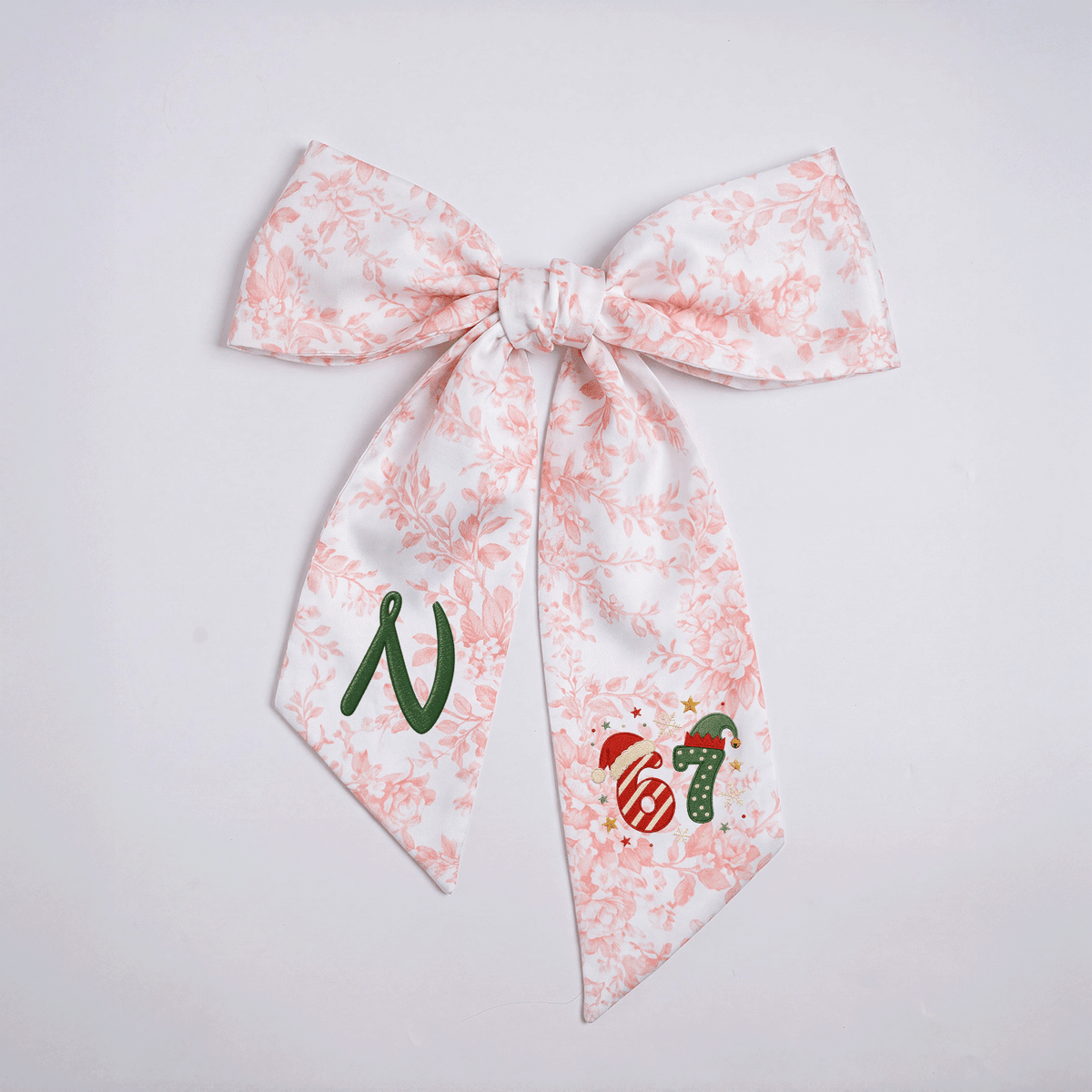 Custom Monogram Christmas 67 Santa Elf Hat Embroidered Linen Door Wreath Sash, Personalized Wreath Sash & Front Door Decor