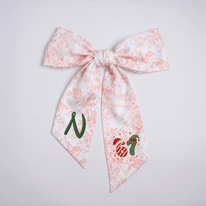 Custom Monogram Christmas 67 Santa Elf Hat Embroidered Linen Door Wreath Sash, Personalized Wreath Sash & Front Door Decor