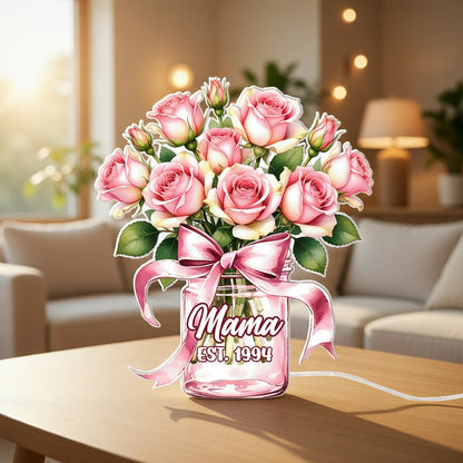 Personalized Acrylic Floral Night Light – Custom Flower Vase Lamp for Mom, LED Bedside Decor