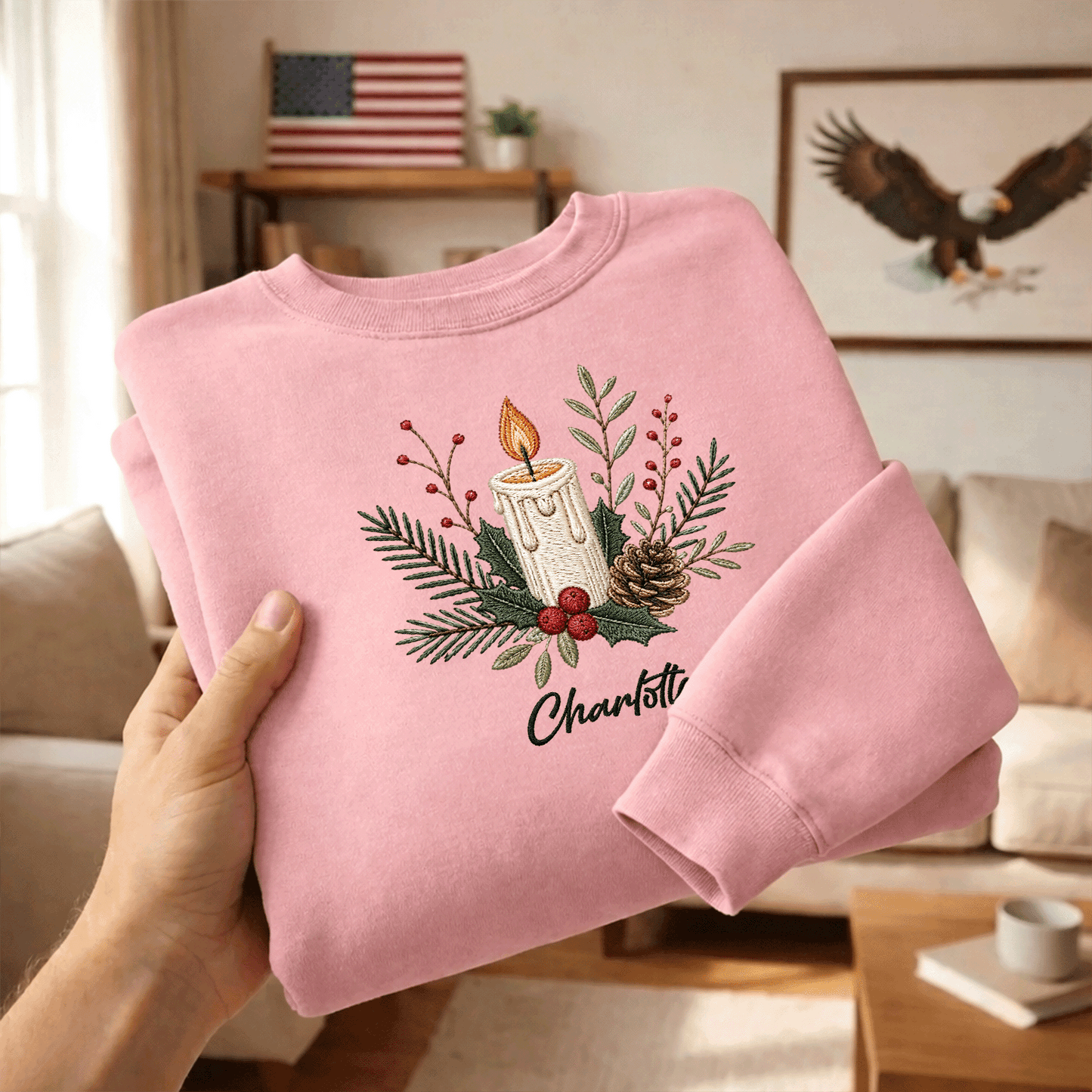 Personalized Embroidered Christmas Candle Sweatshirt with Custom Name