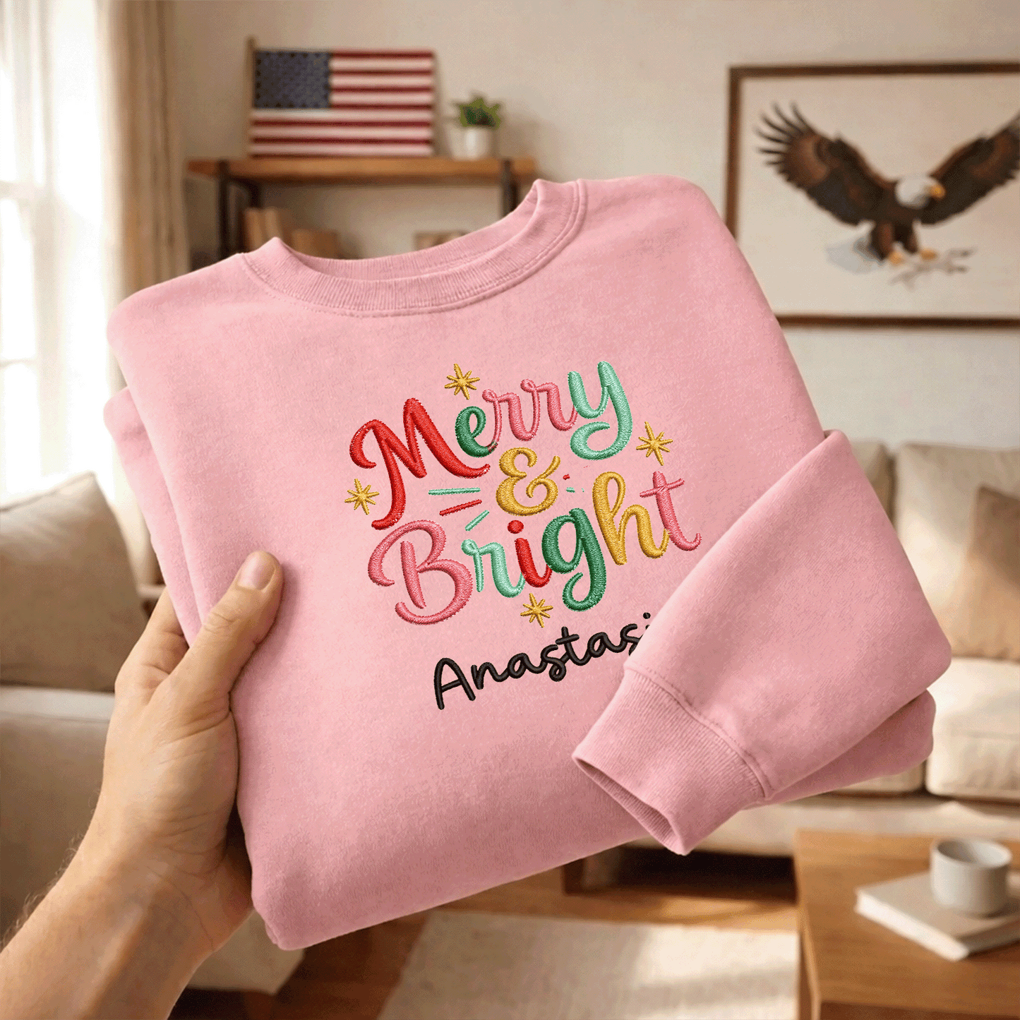 Personalized Embroidered Merry and Bright Sweatshirt with Custom Name