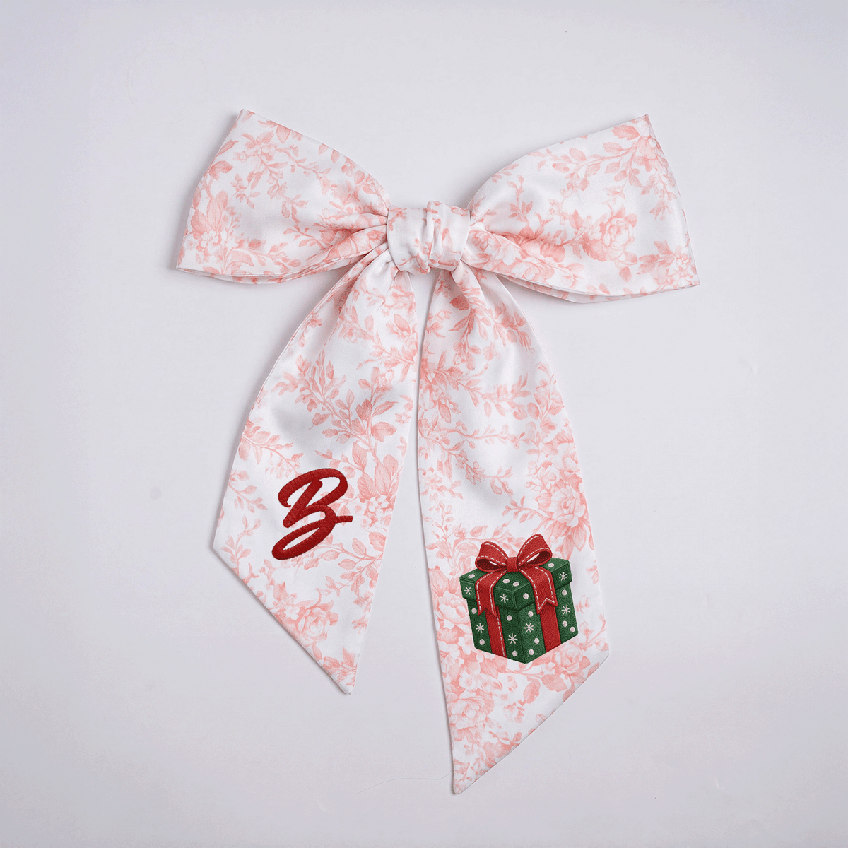 Custom Letter Red Bow Green Gift Box Embroidered Linen Wreath Sash, Personalized Monogram Holiday Bow Sash for Door Decor
