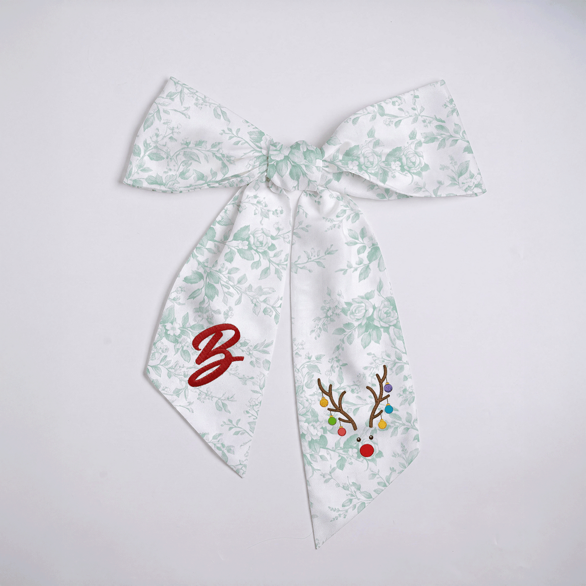 Custom Letter Reindeer Antlers Lights Embroidered Linen Wreath Sash, Personalized Monogram Holiday Bow Sash for Door Decor