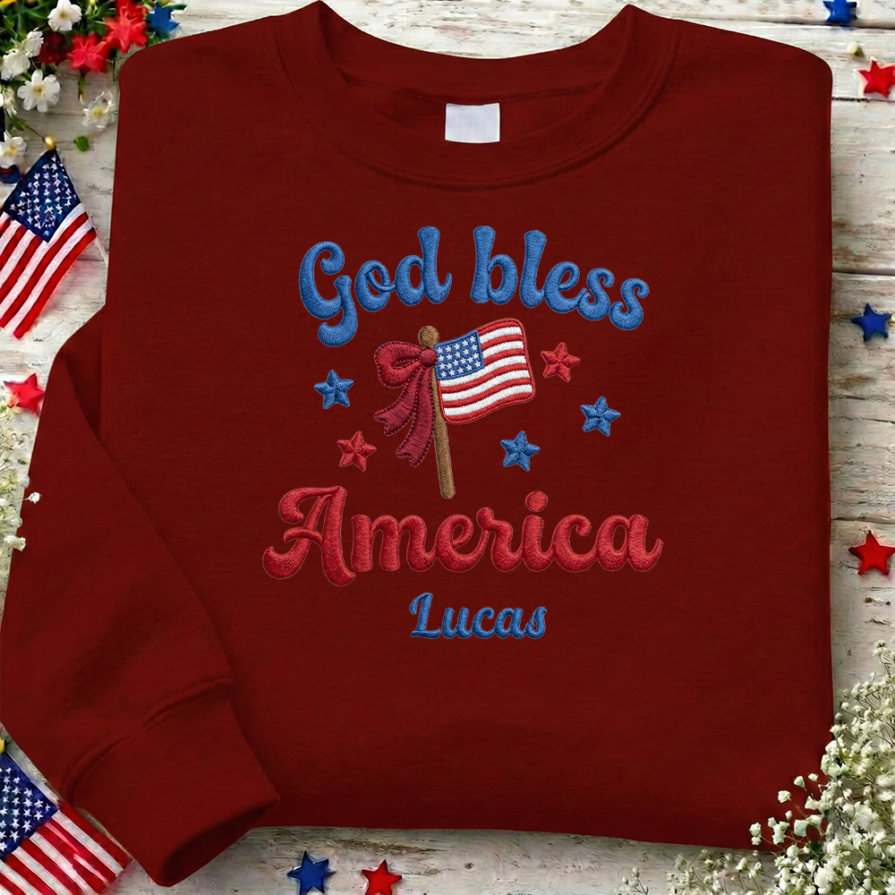 God Bless America - Patriotic USA Flag Sweater Design | Independence Day Embroidered Sweatshirt Graphic
