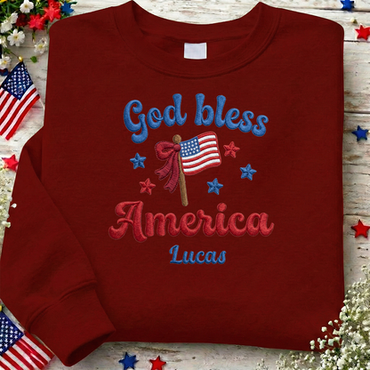God Bless America - Patriotic USA Flag Sweater Design | Independence Day Embroidered Sweatshirt Graphic