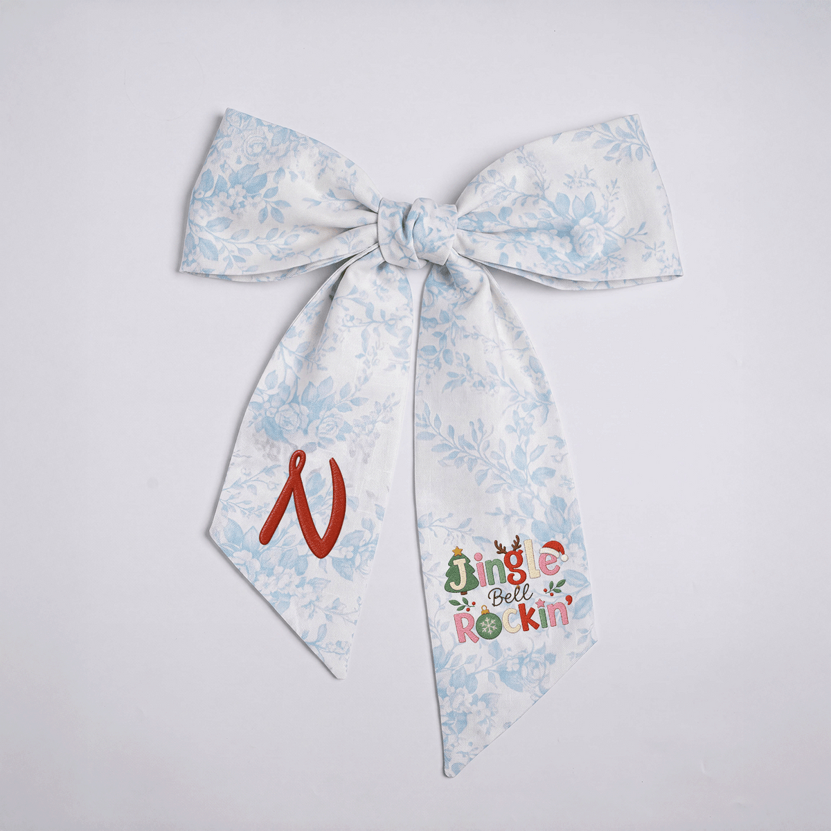 Custom Monogram Jingle Bell Rockin' Embroidered Linen Door Wreath Sash, Personalized Initial Festive Typography Reindeer Santa Hat Holiday Wreath Sash & Front Door Decor