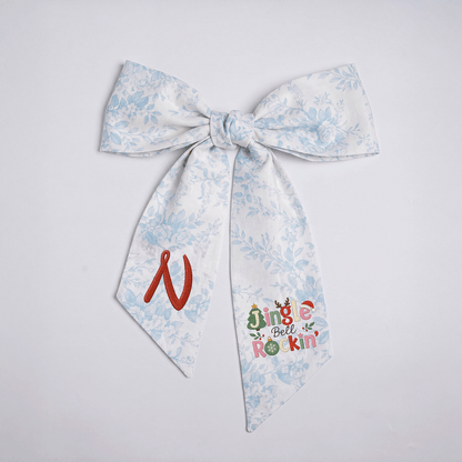 Custom Monogram Jingle Bell Rockin' Embroidered Linen Door Wreath Sash, Personalized Initial Festive Typography Reindeer Santa Hat Holiday Wreath Sash & Front Door Decor