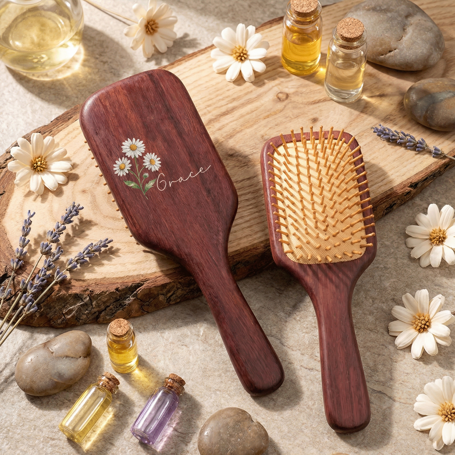 Personalized Wooden Hair Brush with Birth Flower and Name – “Bloom Where You're Planted” Gift for Her