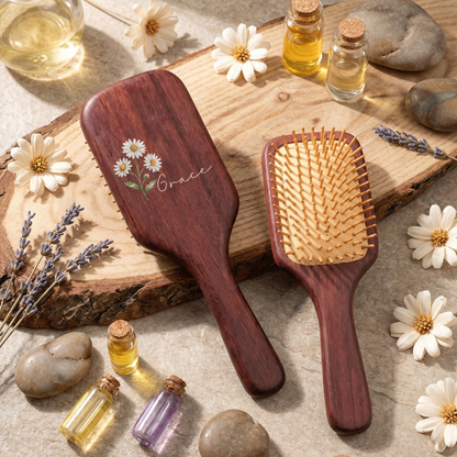Personalized Wooden Hair Brush with Birth Flower and Name – “Bloom Where You're Planted” Gift for Her