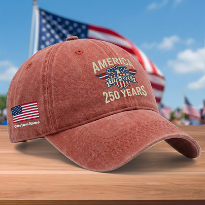 America 250th Anniversary 1776-2026 Embroidered Baseball Cap – Custom Name Patriotic USA Washed Denim Hat