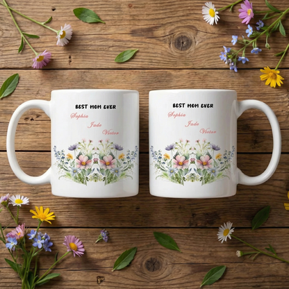 Personalized Mom Floral Mug with Kids Names – Custom Coffee Cup Mother’s Day Gift for Mom