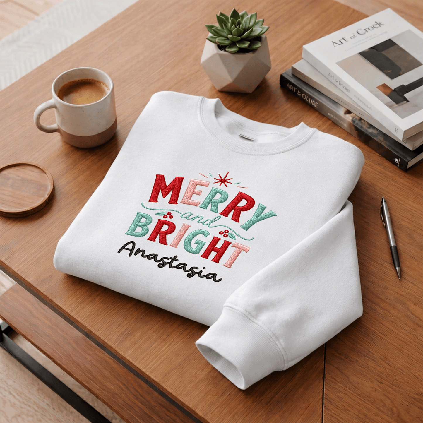Personalized Embroidered Stay Merry & Shine Bright Sweatshirt with Custom Name