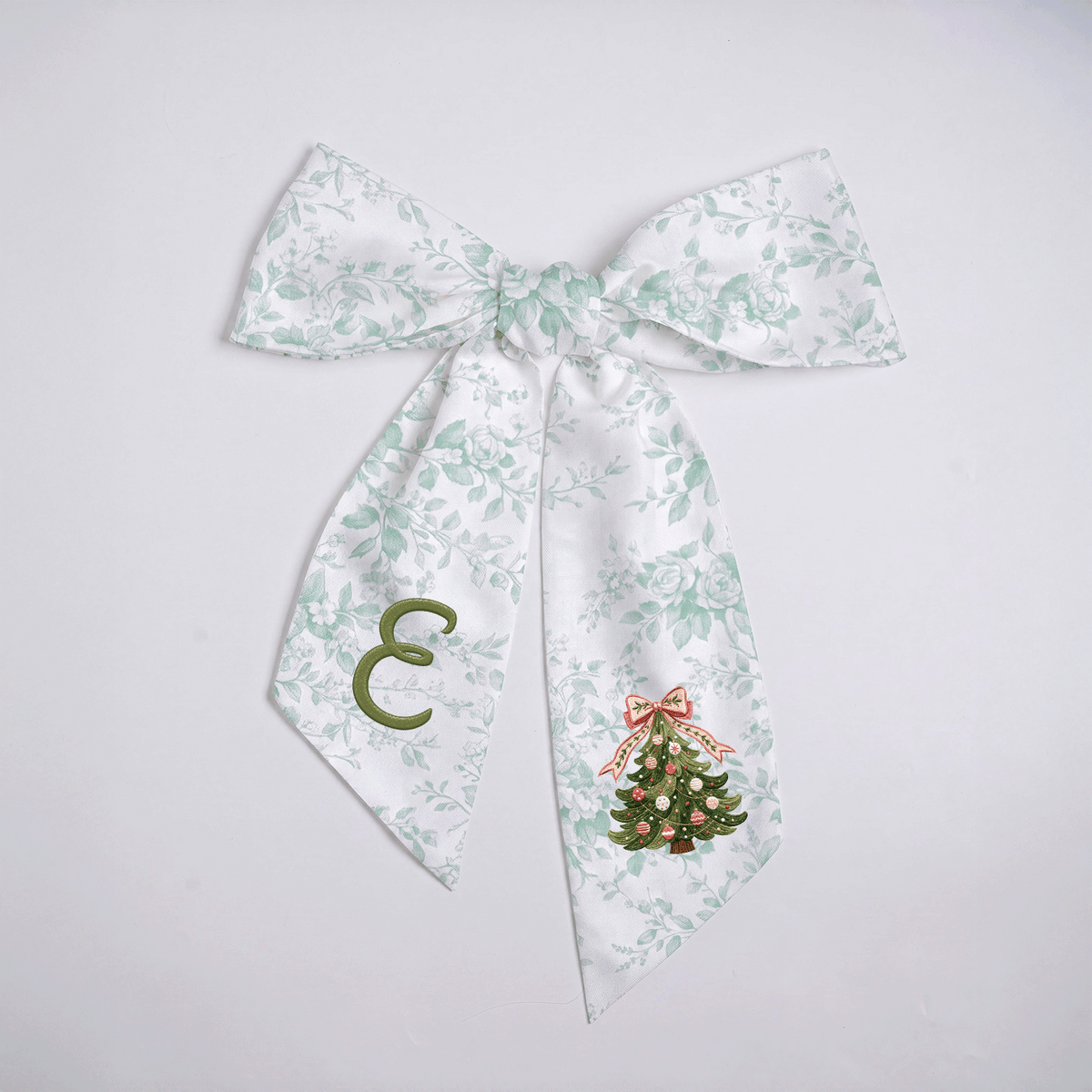 Custom Monogram Christmas Tree Embroidered Linen Door Wreath Sash, Personalized Initial Pink Bow Pine Tree Holiday Wreath Sash & Front Door Decor