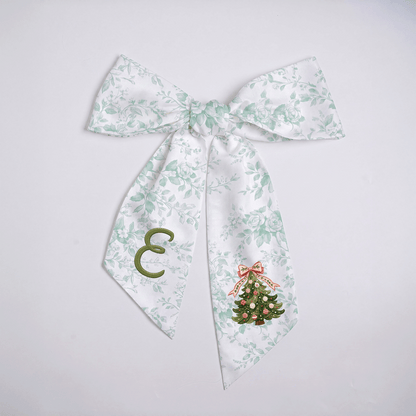 Custom Monogram Christmas Tree Embroidered Linen Door Wreath Sash, Personalized Initial Pink Bow Pine Tree Holiday Wreath Sash & Front Door Decor