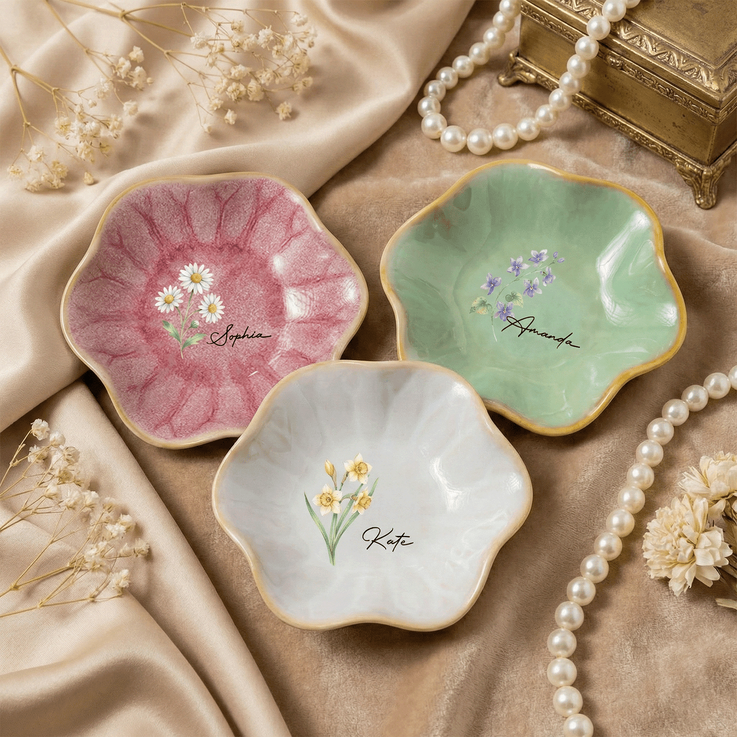 Personalized Birth Month Flower Jewelry Dish - Custom Name Trinket Dish, Mother’s Day Gift for Her