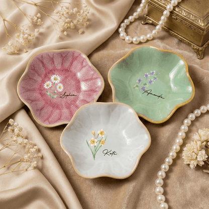 Personalized Birth Month Flower Jewelry Dish - Custom Name Trinket Dish, Mother’s Day Gift for Her