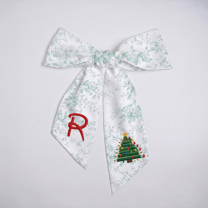 Custom Monogram Pencil Christmas Tree Embroidered Linen Door Wreath Sash, Personalized Initial Teacher School Pencil Tree Lights Holiday Wreath Sash & Front Door Decor