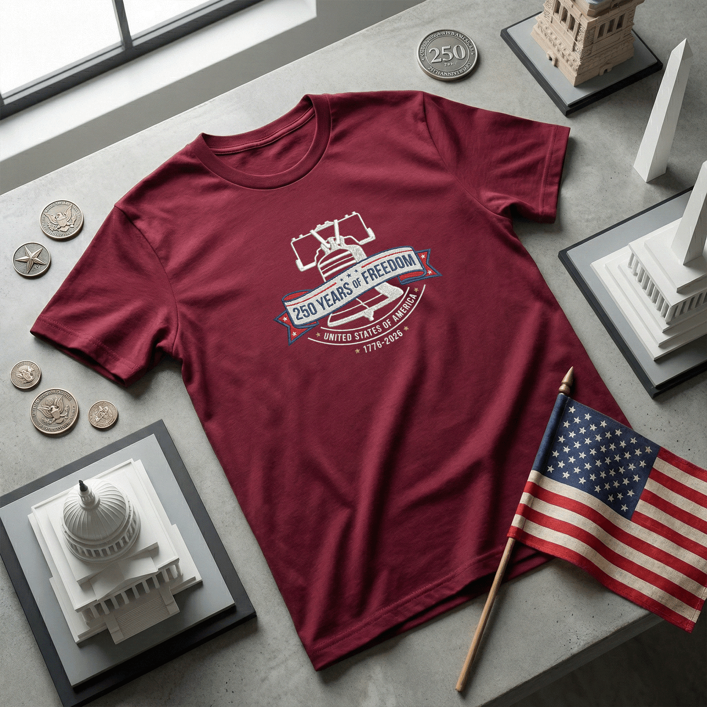 USA 1776-2026 Liberty Bell Patriotic Embroidered T-Shirt 250th Anniversary Shirt