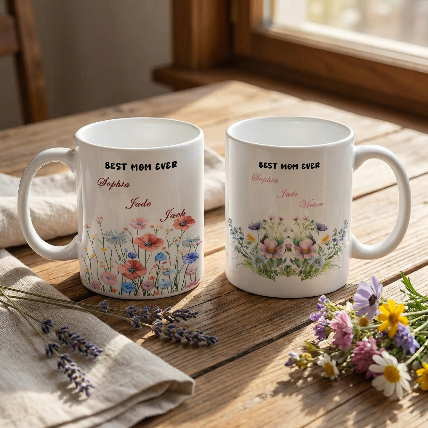 Personalized Mom Floral Mug with Kids Names – Custom Coffee Cup Mother’s Day Gift for Mom