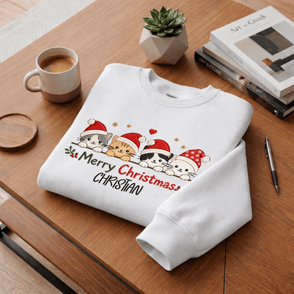 Personalized Embroidered Merry Christmas Cats Sweatshirt with Custom Name