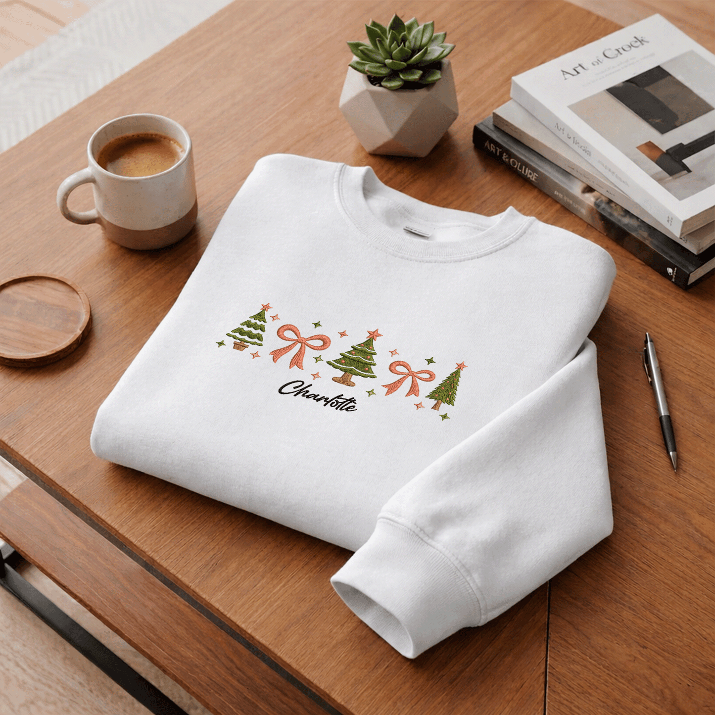 Personalized Embroidered Christmas Trees & Bows Sweatshirt with Custom Name