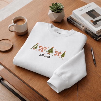 Personalized Embroidered Christmas Trees & Bows Sweatshirt with Custom Name