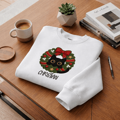 Personalized Embroidered Black Cat Christmas Wreath Sweatshirt with Custom Name