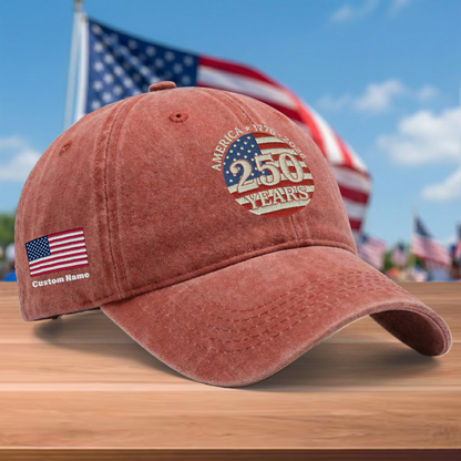 America 250 Years 1776-2026 Embroidered Washed Denim Baseball Cap – Custom Name Patriotic USA Anniversary Hat