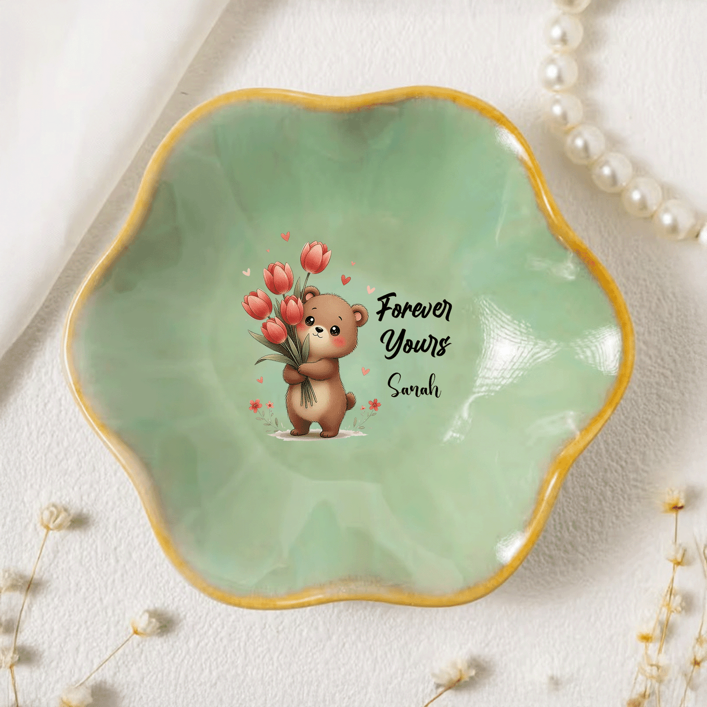 Custom Message Birth Flower Trinket Dish – Personalized Name Center Keepsake for Mom or Grandma
