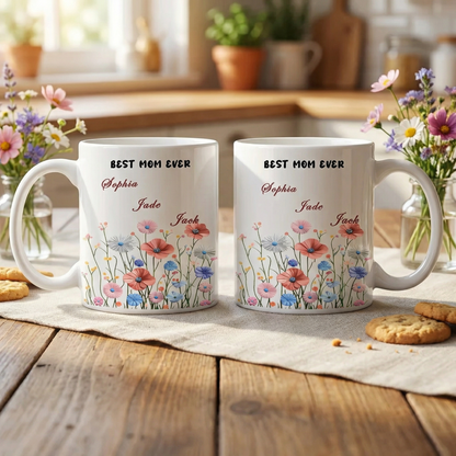 Personalized Mom Floral Mug with Kids Names – Custom Coffee Cup Mother’s Day Gift for Mom